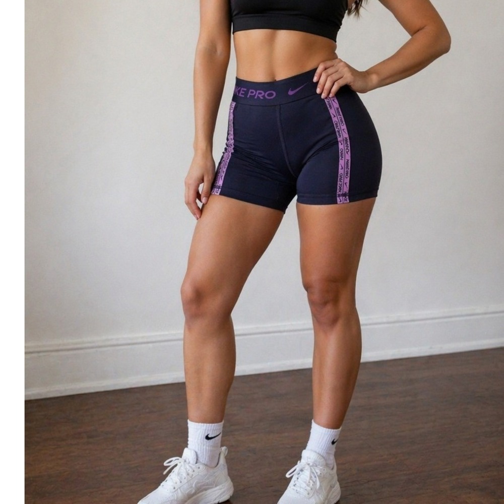 Nike Pro Dri-FIT Women Purple Compression Shorts Logo Tape Large Gym Workout